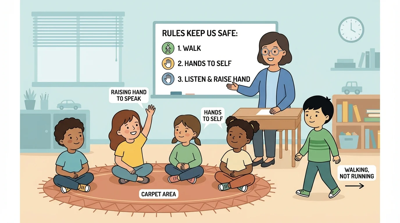classroom scene with children sitting on a carpet, one child raising a hand, children walking instead of running, and children keeping hands to themselves