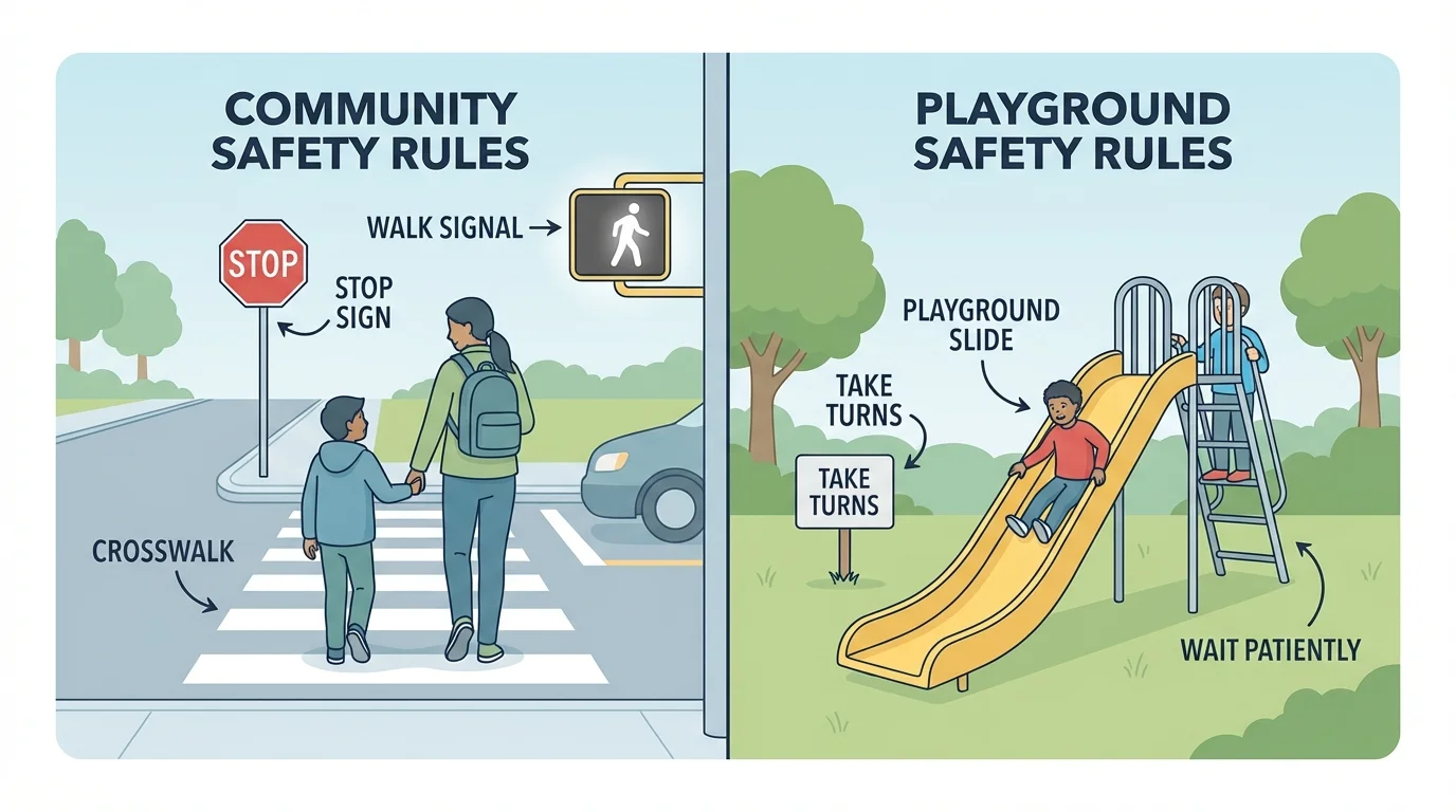 child holding an adult's hand at a crosswalk, stop sign nearby, walk signal visible, and children taking turns on a playground slide