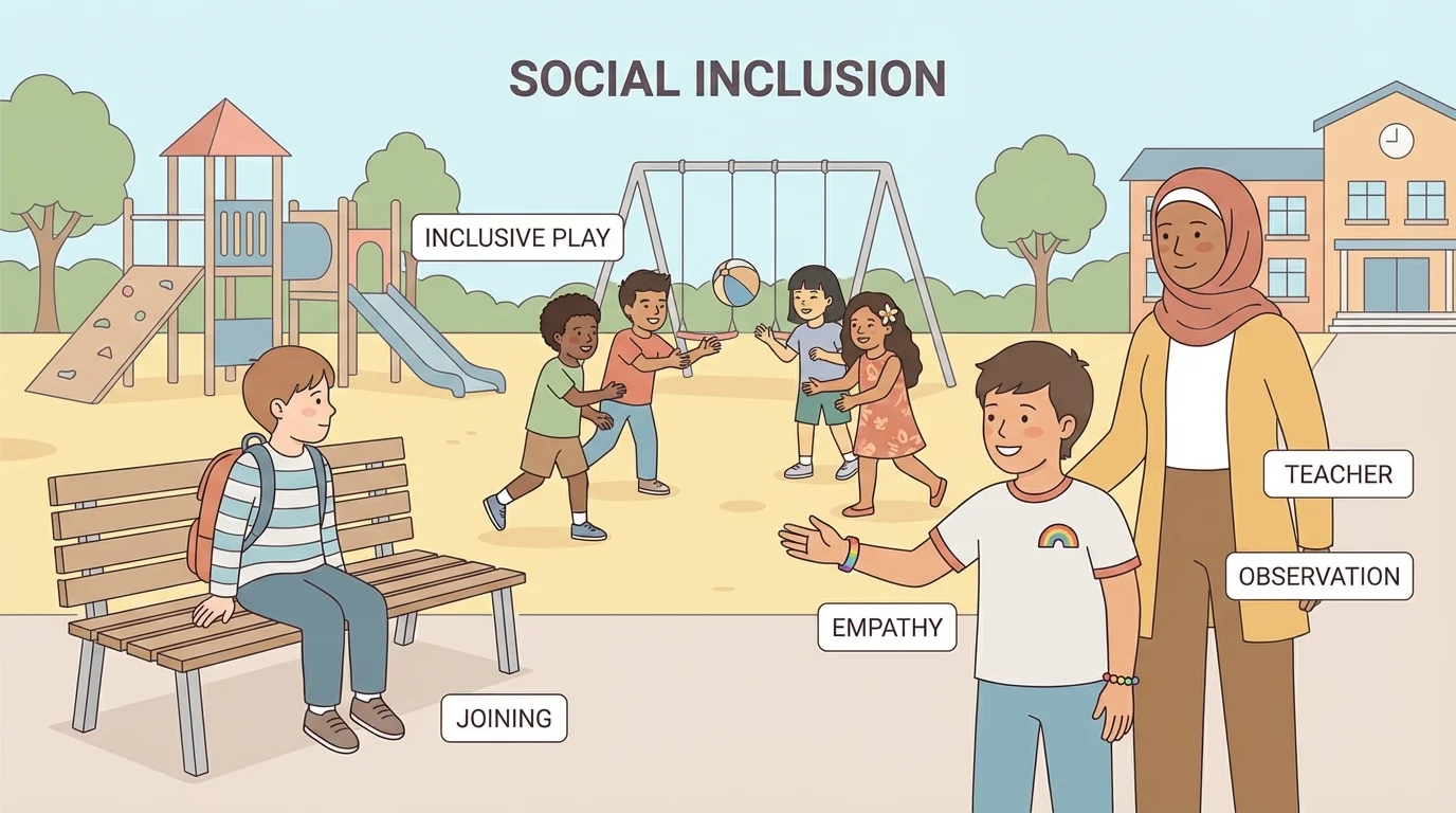 Playground scene where one child looks left out and another child invites them to join a game, with friendly teacher nearby