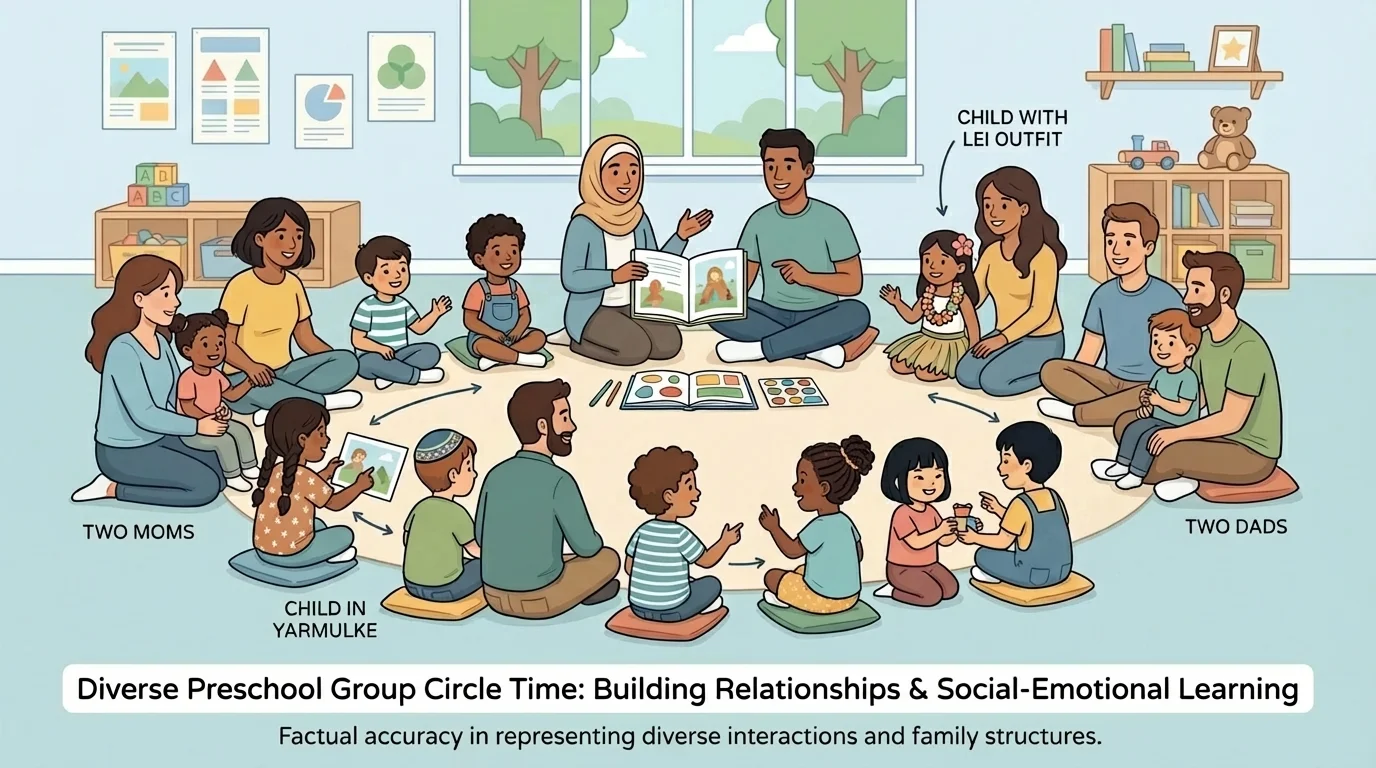 Diverse preschool group circle time with children of different skin tones, hair types, clothing styles, and family members, including two moms, two dads, a child in a yarmulke, and a child with a lei-inspired outfit