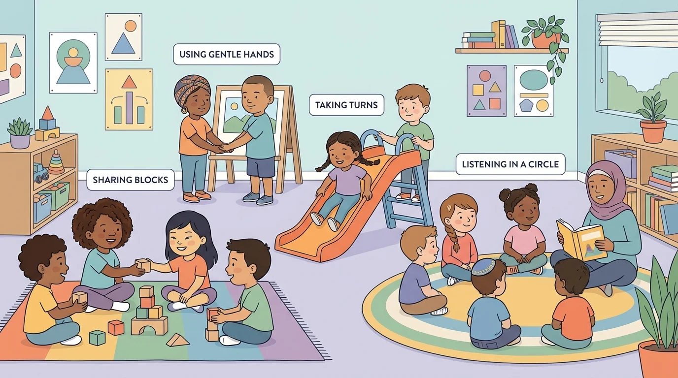 Preschool classroom scene showing children sharing blocks, taking turns on a slide, listening in a circle, and using gentle hands