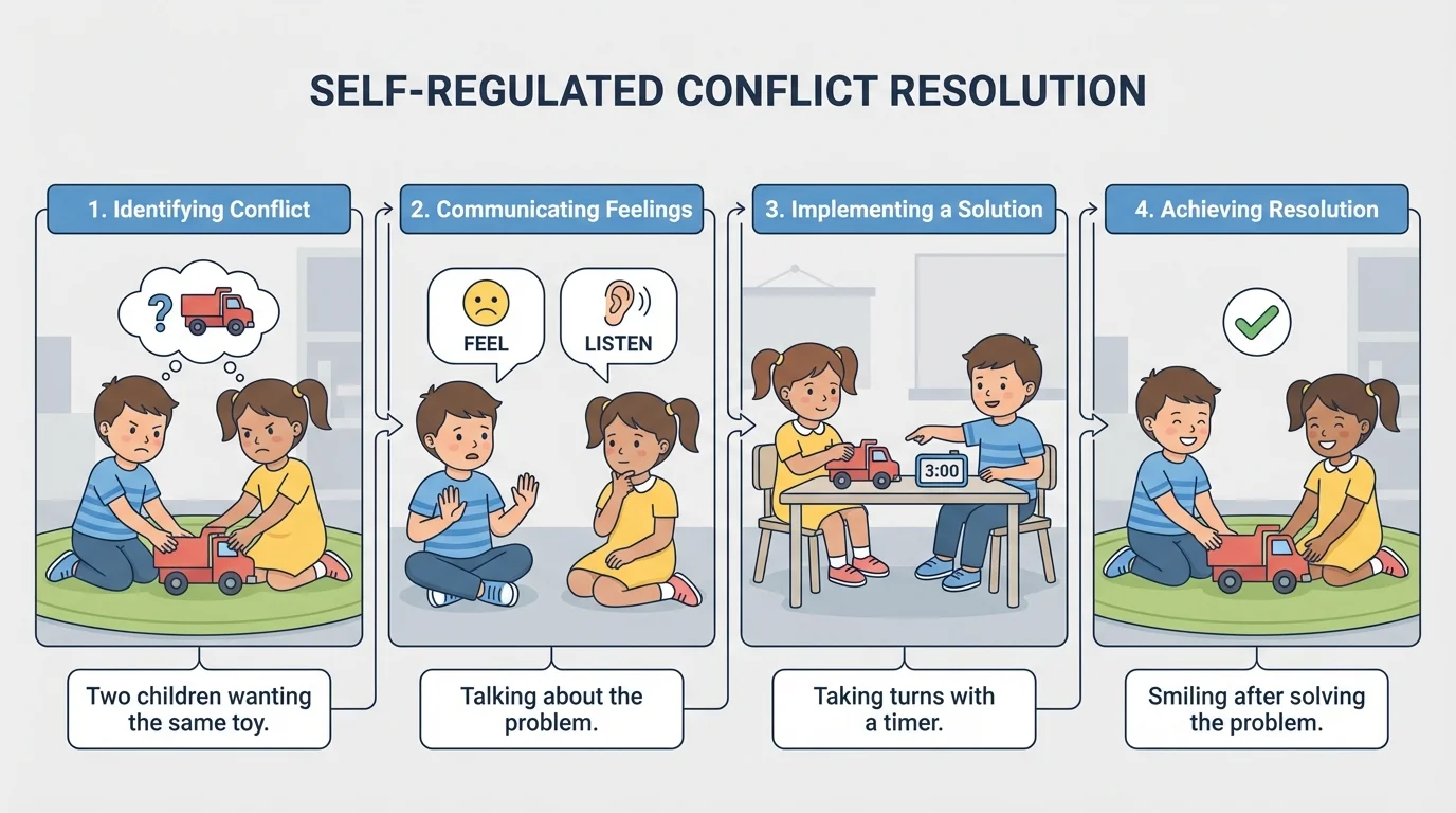 two children wanting the same toy, then talking, taking turns with a timer, and smiling after solving the problem