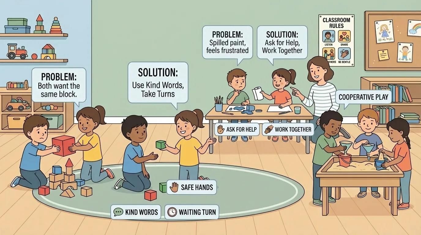 preschool classroom scene with short rule labels such as safe hands, kind words, waiting turn, and children playing cooperatively