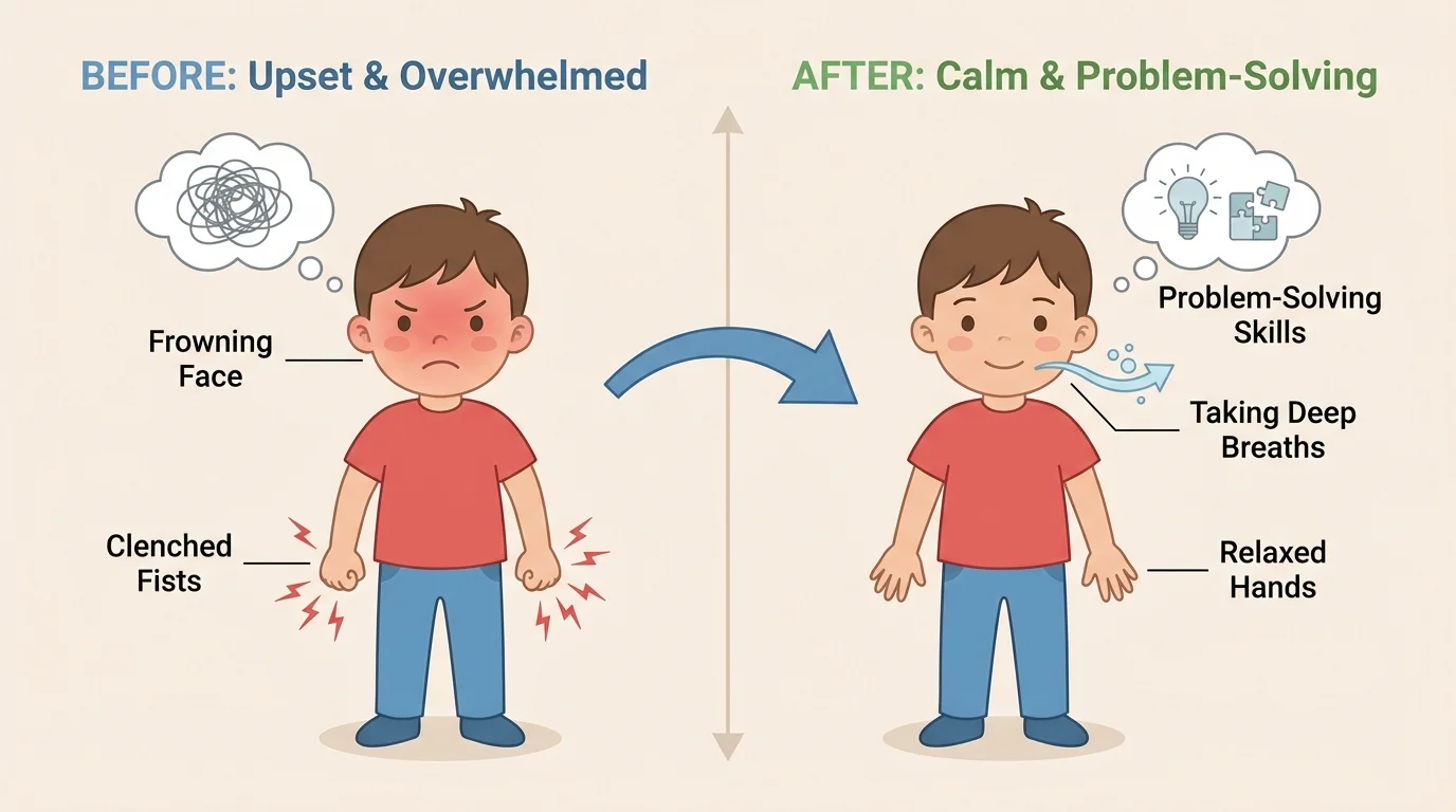 preschool child looking upset with labels for clenched fists, frowning face, and then taking deep breaths with relaxed hands