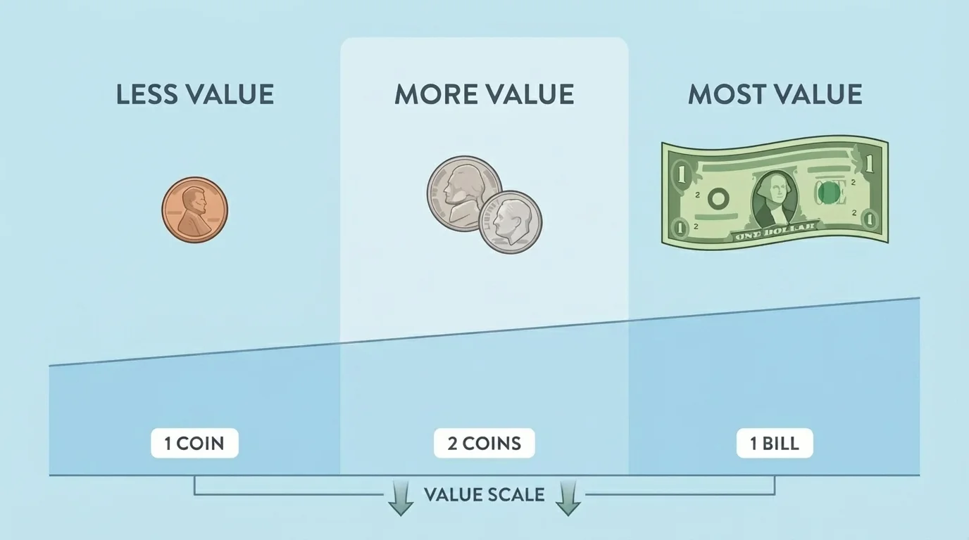 simple value comparison with one small coin, two coins together, and one larger bill, showing more and less in a child-friendly way