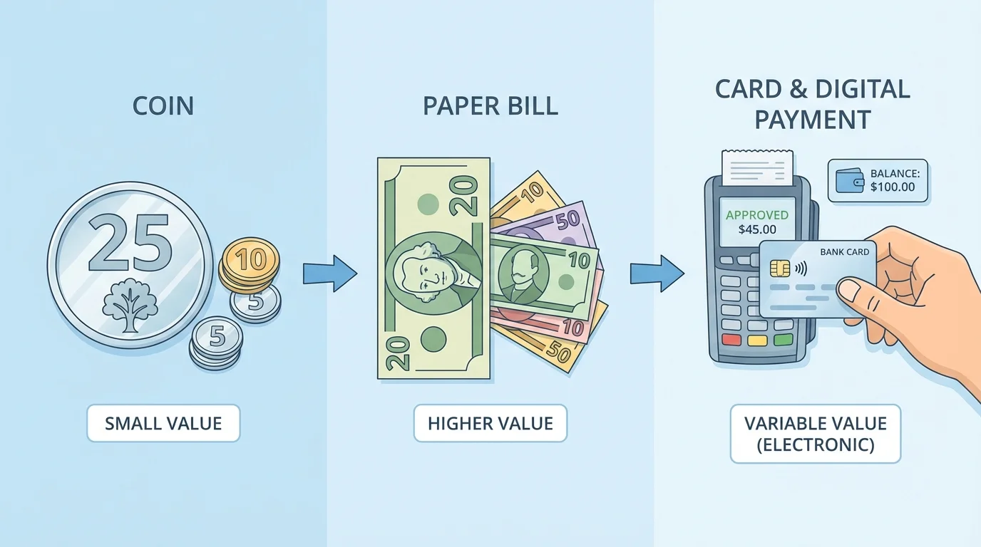child-friendly comparison showing a shiny coin, a paper bill, and a grown-up paying with a card at a store counter