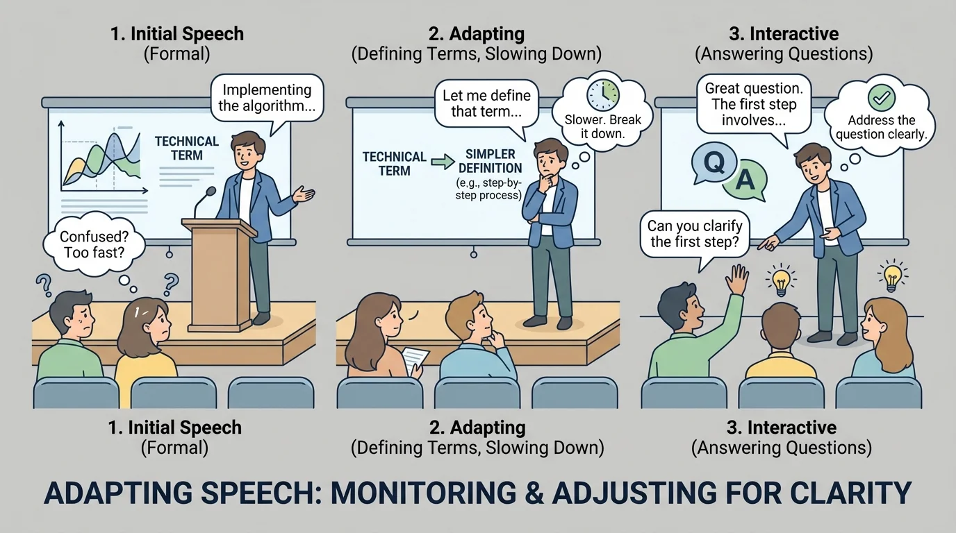 Illustration of a student presenter noticing confused audience faces, then slowing down, defining a term, and answering a question