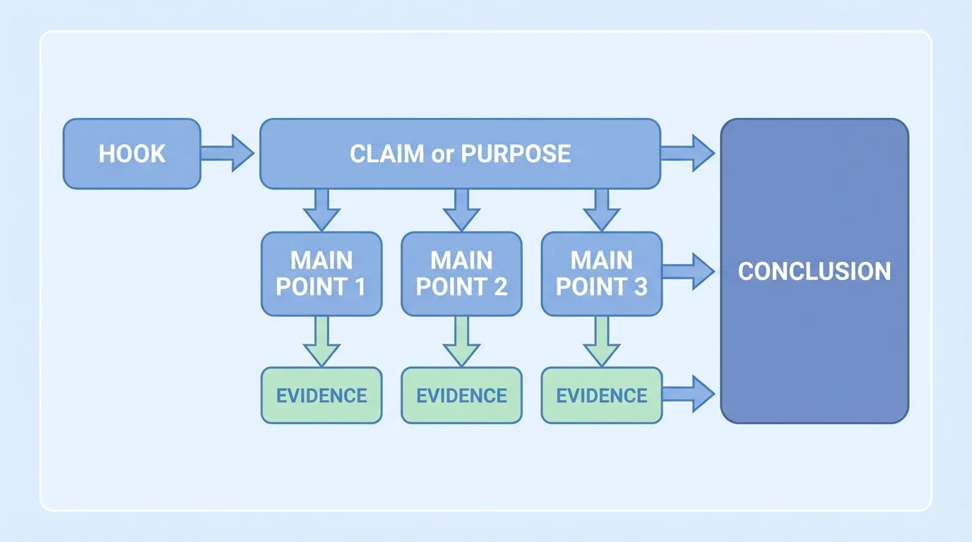 Flowchart showing presentation structure with boxes for hook, claim or purpose, main point 1 with evidence, main point 2 with evidence, main point 3 with evidence, and conclusion