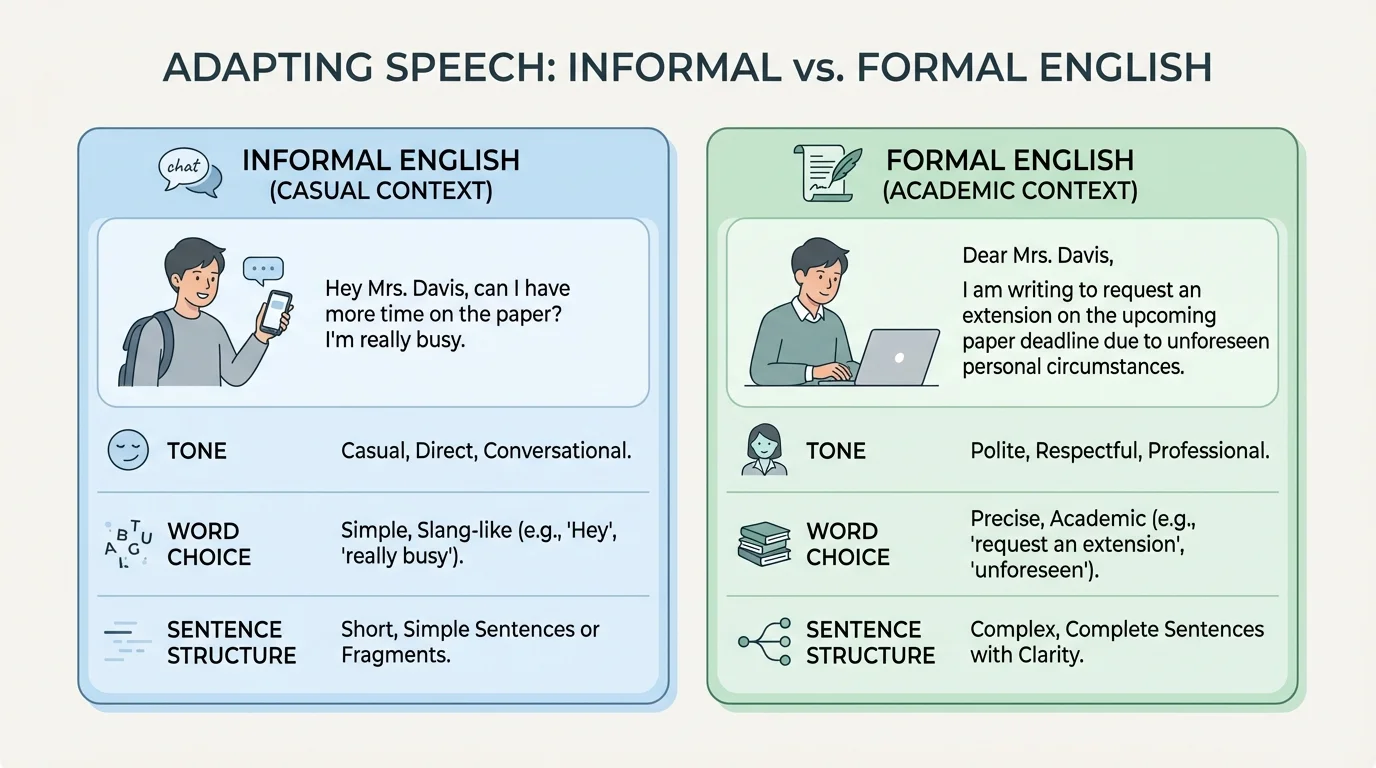 Comparison chart showing one student request written in informal English and formal English with labels for tone, word choice, and sentence structure