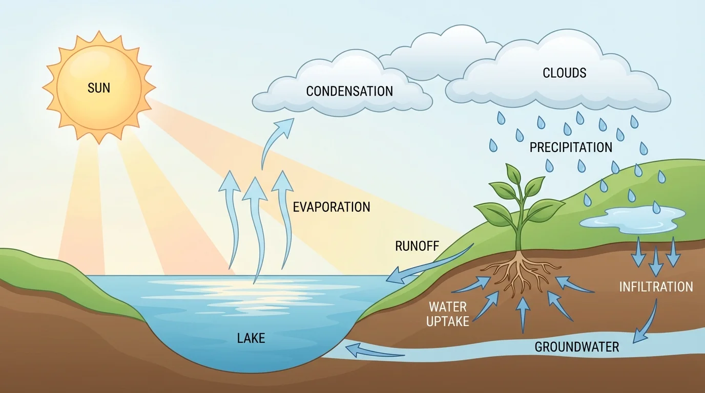 Simple water cycle scene with sun warming water, clouds forming, rain falling, puddle on ground, and a plant using water from soil