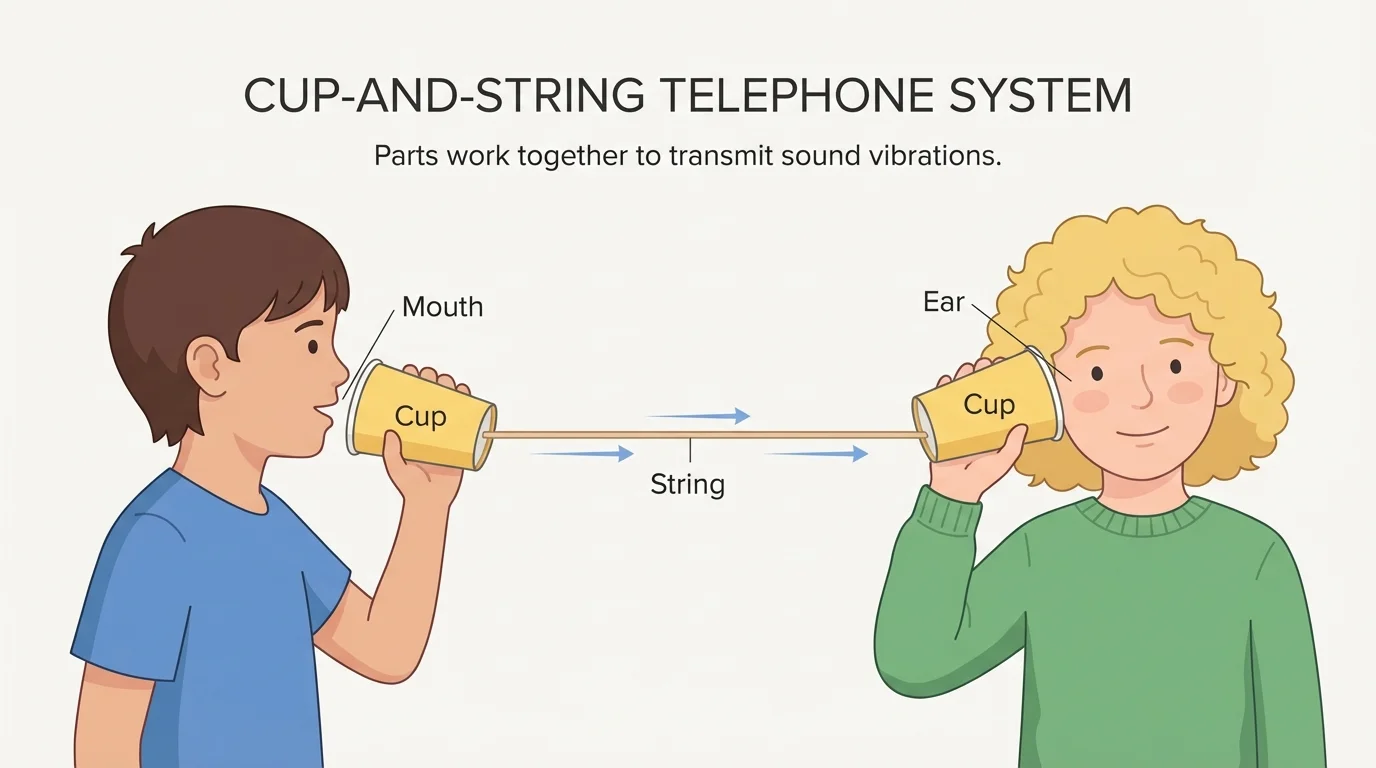 Cup-and-string telephone with two cups connected by a tight string, one child speaking and one child listening, labeled cup, string, mouth, ear