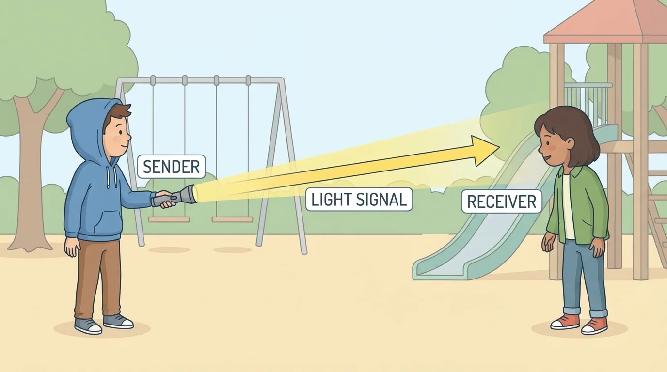 Two children across a playground, one sending flashlight blink to the other, with simple labels sender, light signal, receiver, and arrows showing direction