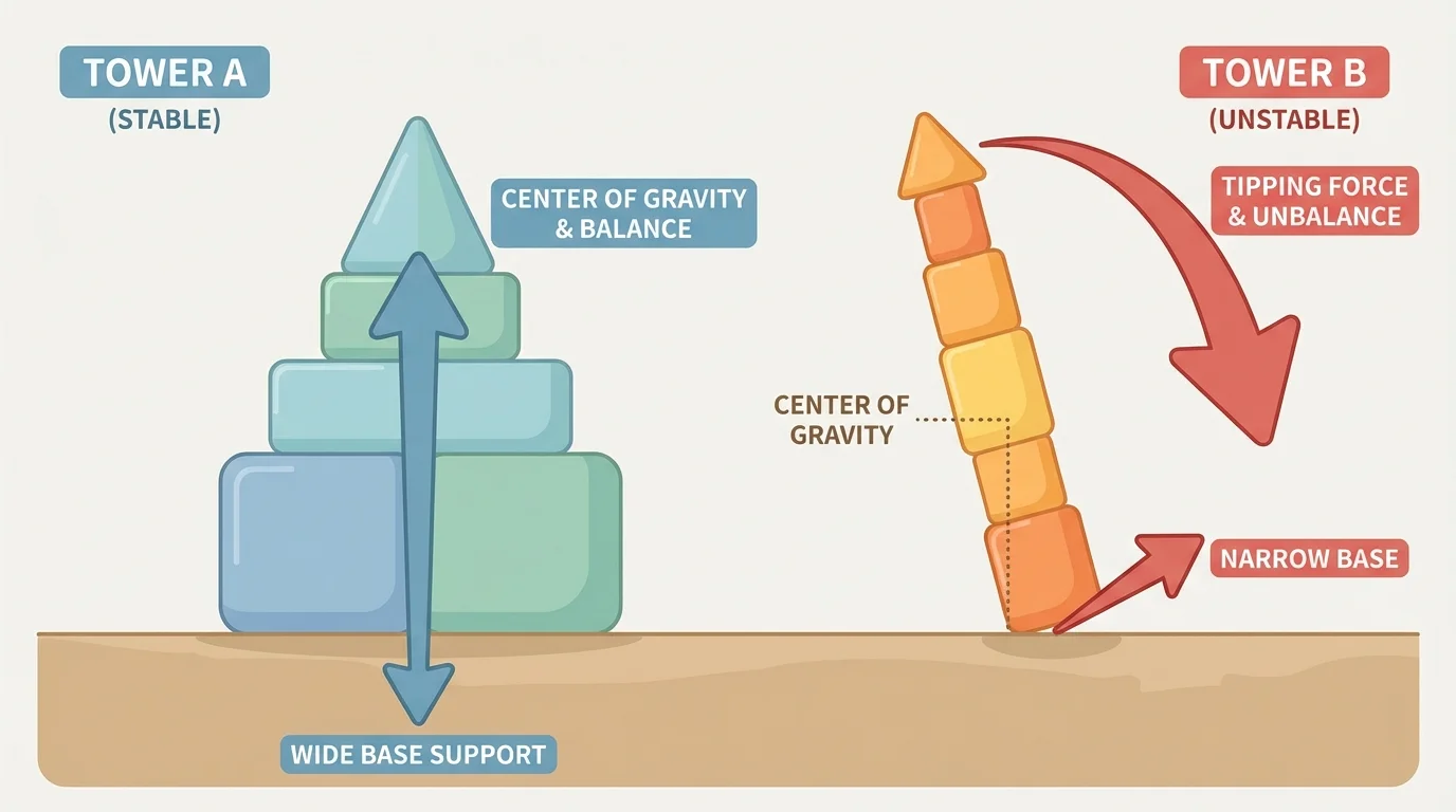 Two simple child-friendly towers side by side, one with a wide base standing firmly and one tall narrow tower tipping, with arrows showing balance and tipping