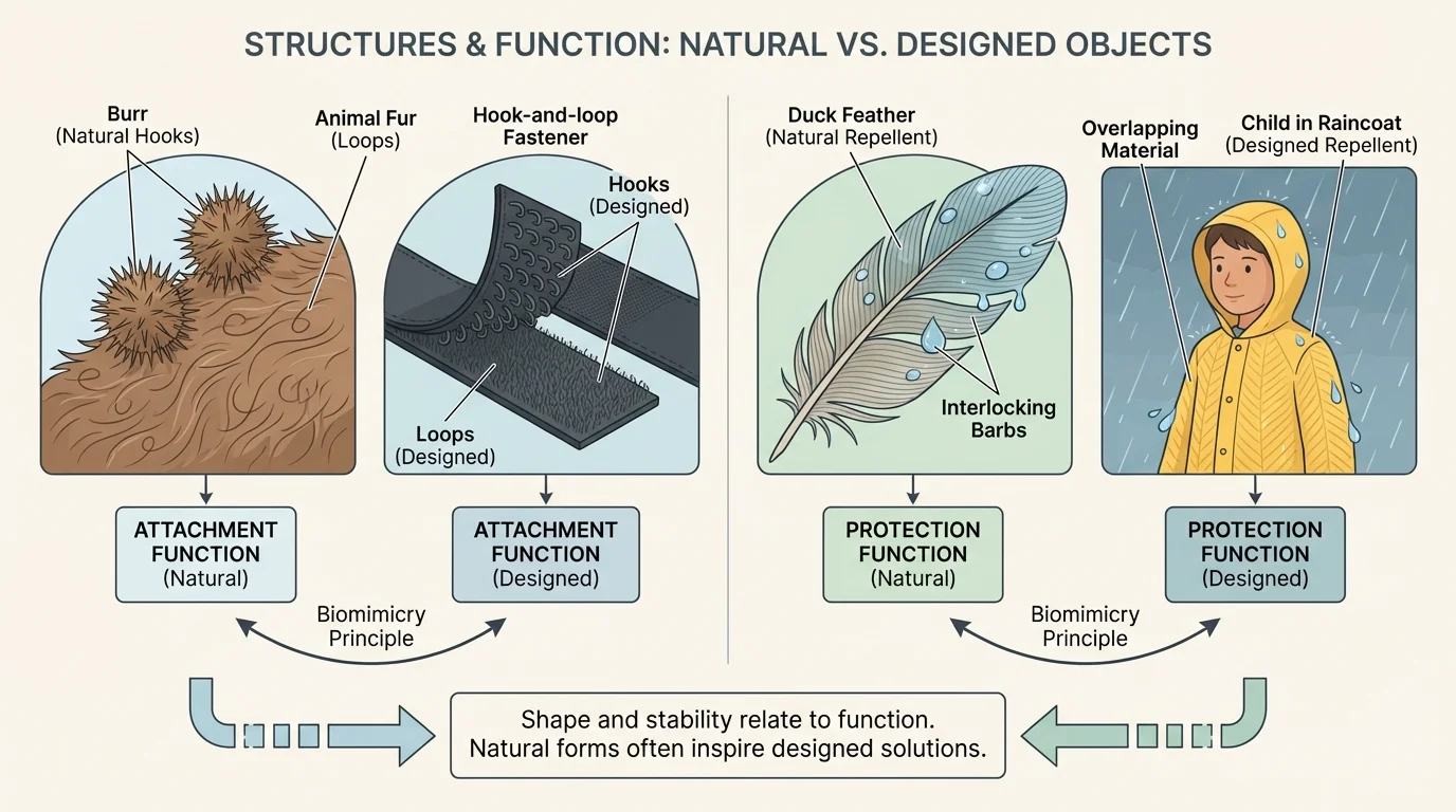 Burrs sticking to animal fur beside hook-and-loop fastener, and a child wearing a raincoat inspired by duck feathers
