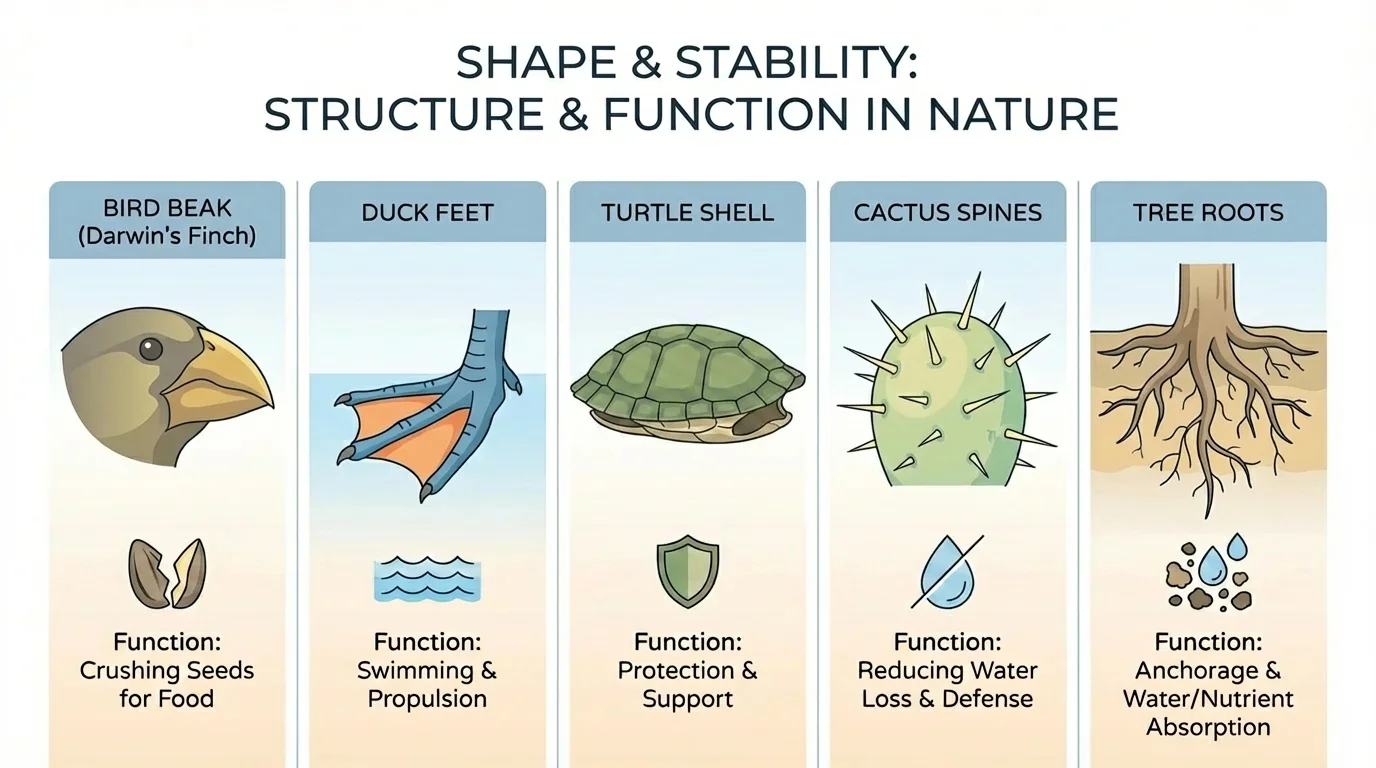 Labeled comparison of bird beak, duck feet, turtle shell, cactus spines, and tree roots, with each part matched to its survival job