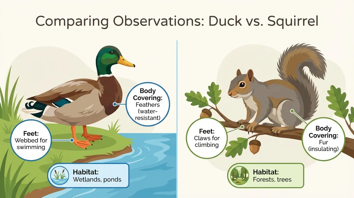 side-by-side comparison of a duck and a squirrel with labels for feet, body covering, and habitat