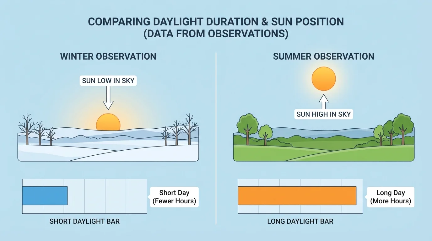 simple chart with short daylight bar in winter and long daylight bar in summer, plus sun low in sky for winter and high in sky for summer