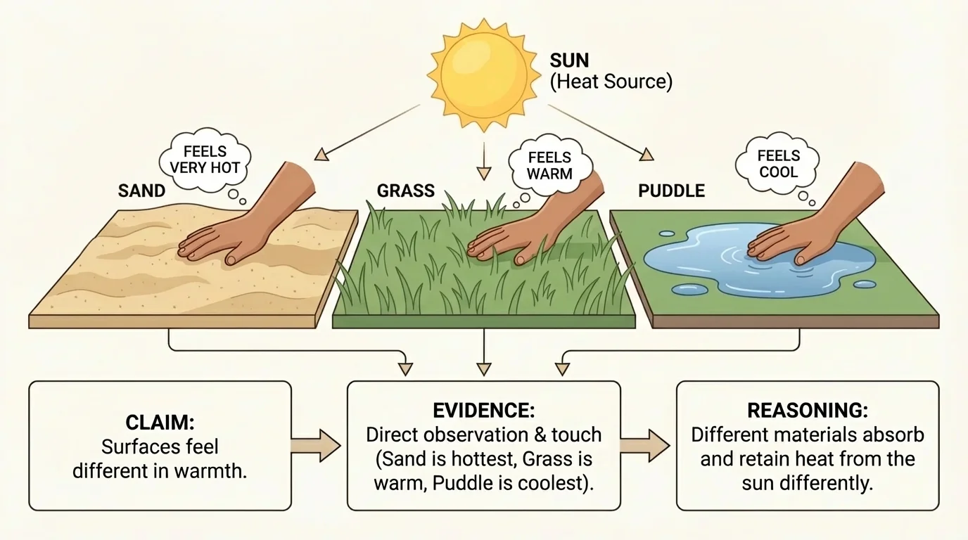 Sun shining on sand, grass, and a puddle, with a child observing that the surfaces feel different in warmth