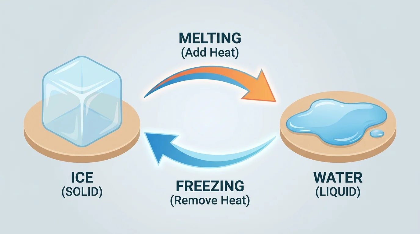 Ice cube melting into water and water freezing back into ice in a simple sequence with arrows showing both directions