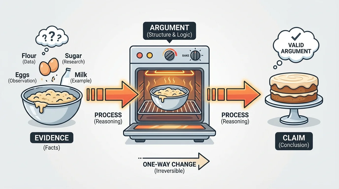 Bowl of cake batter, oven heating, and finished cake with arrows showing one-way change