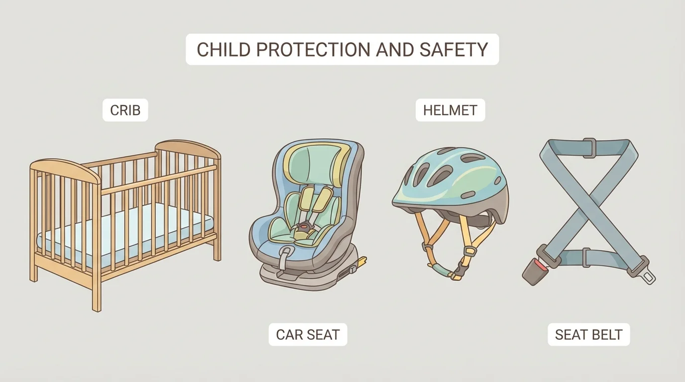 crib, car seat, helmet, and seat belt arranged with simple labels showing child protection and safety