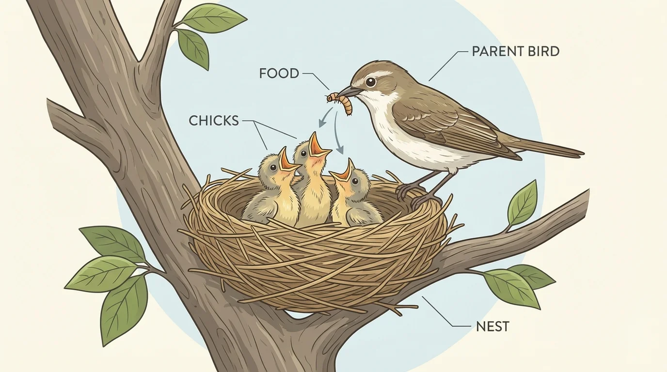 adult bird bringing food to chicks in a nest, simple labels for parent bird, chicks, nest, and food