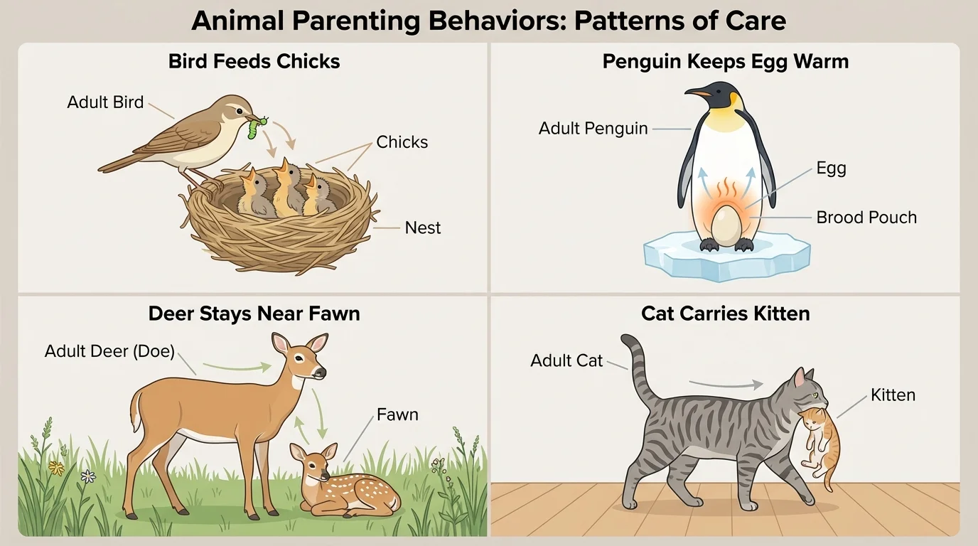simple comparison chart with bird feeds chicks, penguin keeps egg warm, deer stays near fawn, cat carries kitten