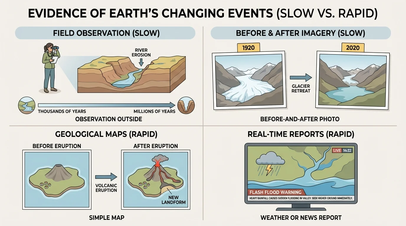 Four-part chart with observation outside, before-and-after photo, simple map, and weather or news report as sources of evidence about an Earth event