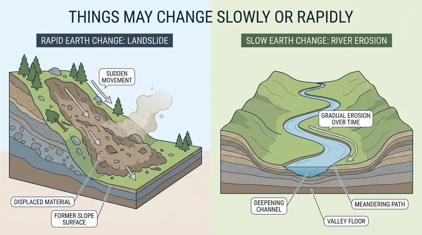 Side-by-side comparison of rapid Earth change and slow Earth change, with a landslide on one side and a river slowly shaping a valley on the other
