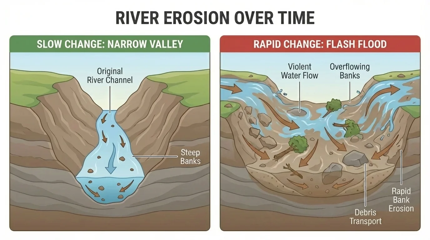 River flowing through land, carrying small pieces of soil and rock, gradually making a wider valley
