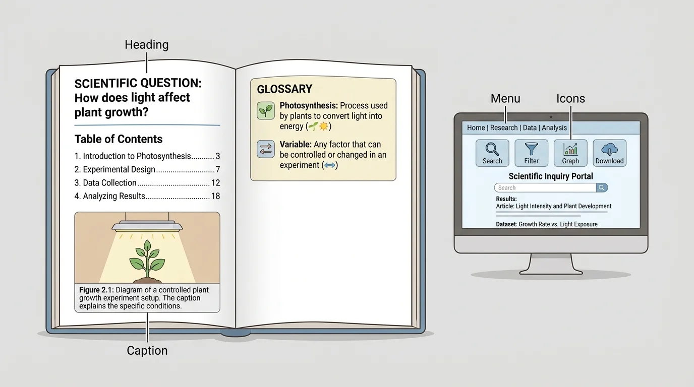 open nonfiction book page with heading, table of contents, glossary, caption, and small computer screen with menu and icon labels
