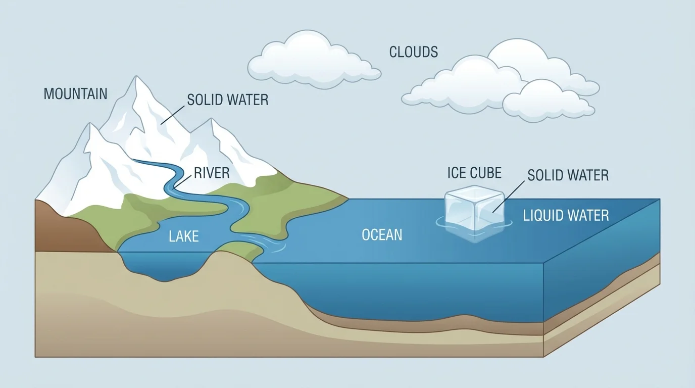 Earth scene with ocean, river, lake, clouds, snow on mountain, and ice cube labeled liquid and solid water