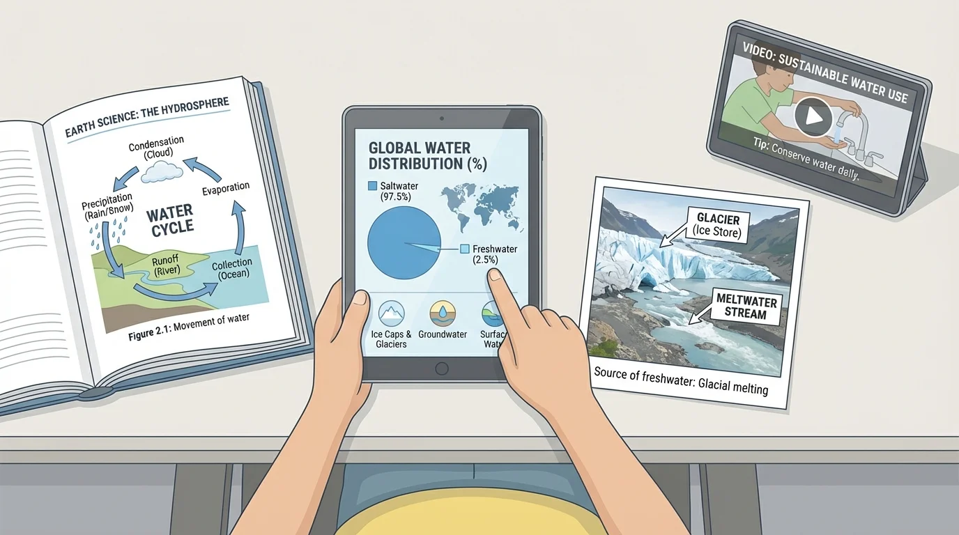 child using a book, tablet, labeled photo, and short video screen to learn about water on Earth