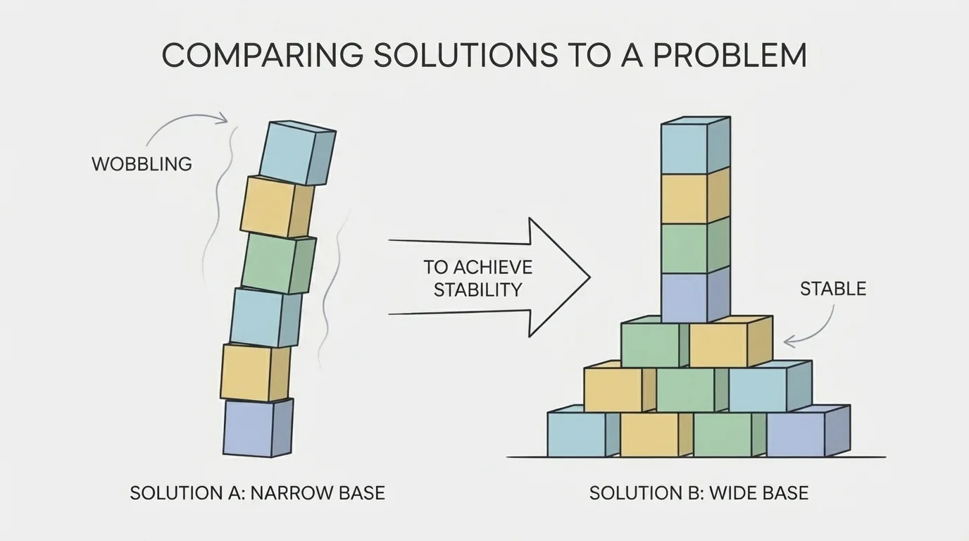 two block towers side by side, one narrow and wobbling, one with a wide base standing strong