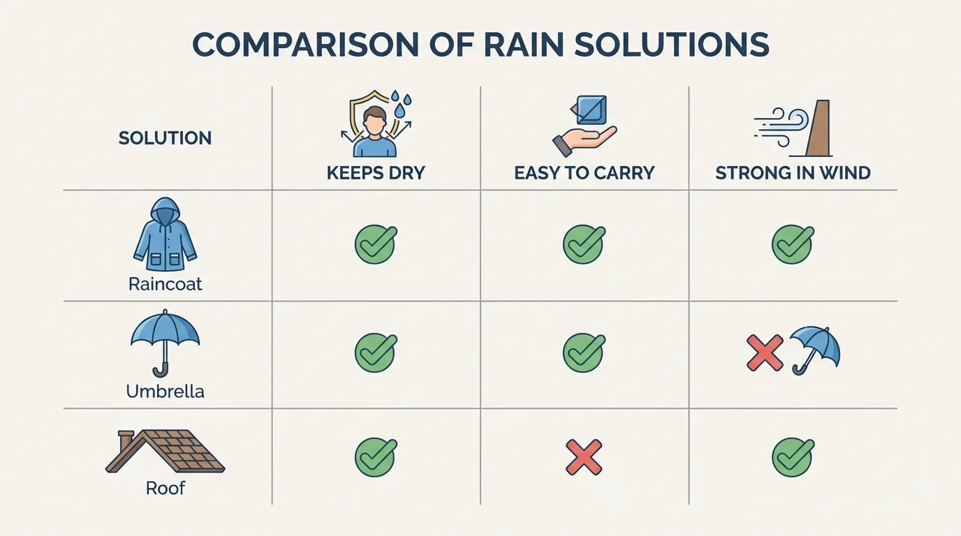 simple comparison chart of three rain solutions—raincoat, umbrella, roof—with icons for keeps dry, easy to carry, and strong in wind