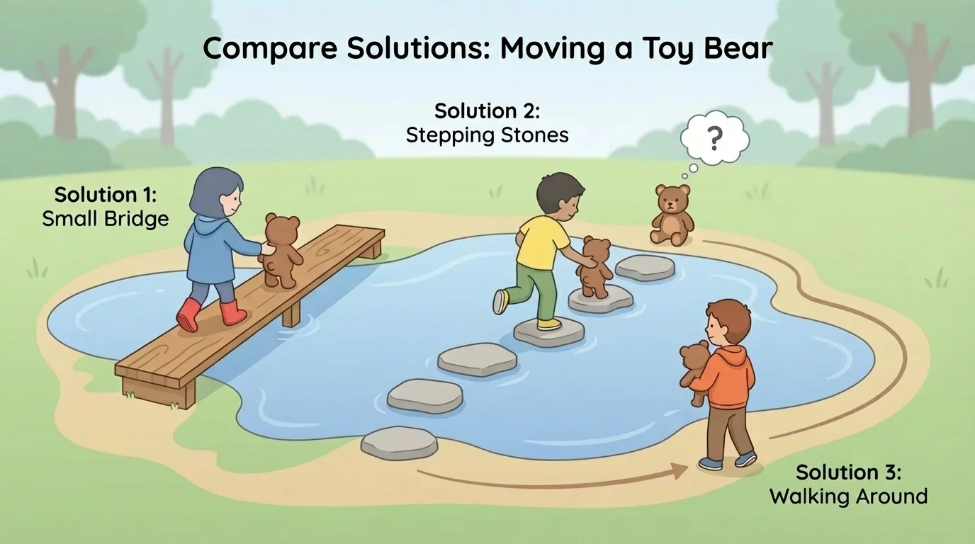 children trying three ways to move a toy bear across a puddle—small bridge, stepping stones, and walking around the puddle