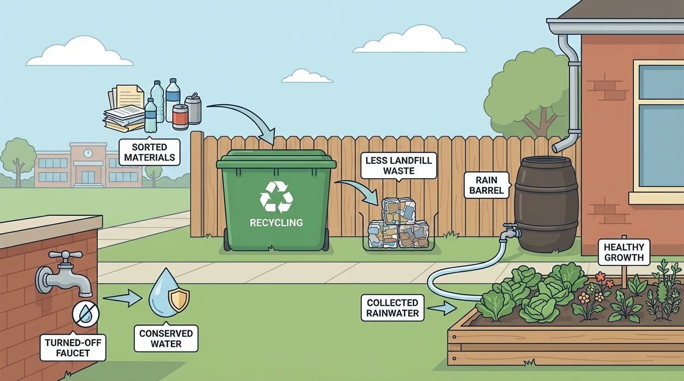 Schoolyard with labeled recycling bin, rain barrel, turned-off faucet, and planted garden bed