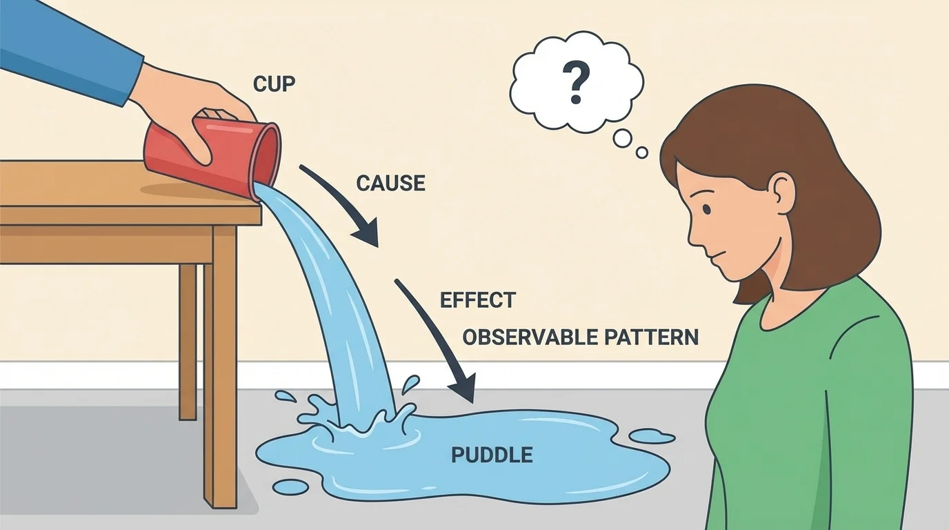 Child tips over a cup, water spills onto floor, adult notices puddle with arrows showing cause and effect