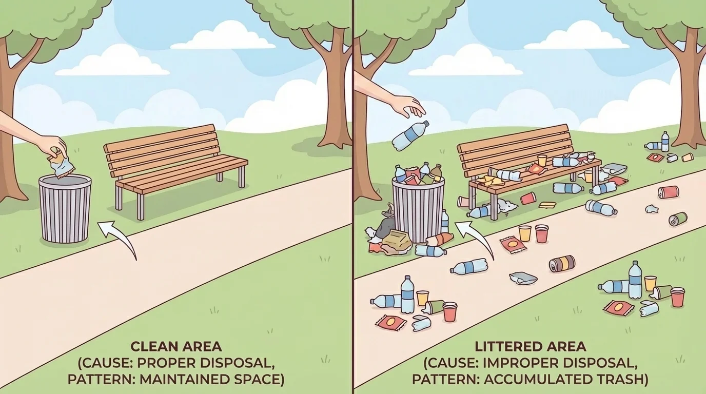 Park scene with one side clean and other side with repeated litter near benches and path