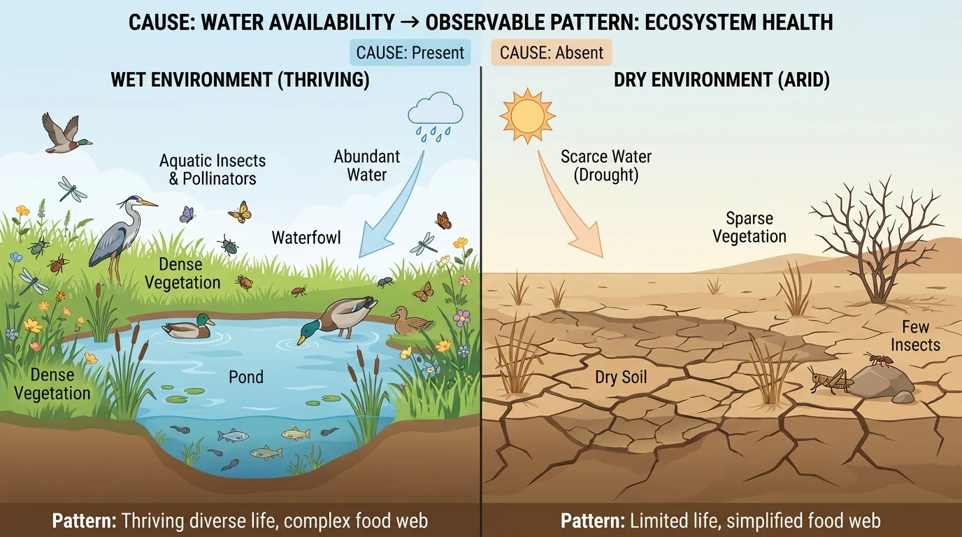 Split scene showing birds, grass, and insects near pond versus dry bare area with few living things