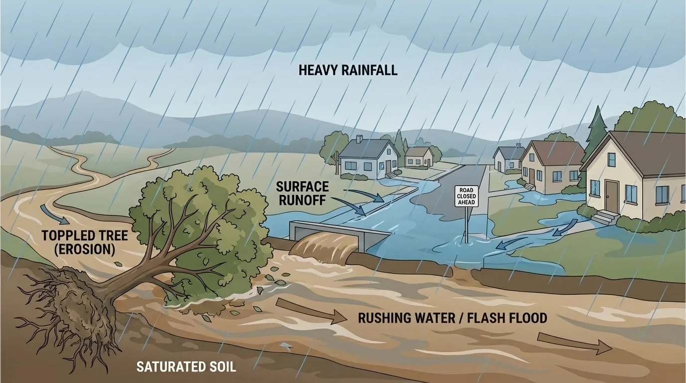 neighborhood scene with heavy rain causing a fast flood, toppled tree, and rushing water