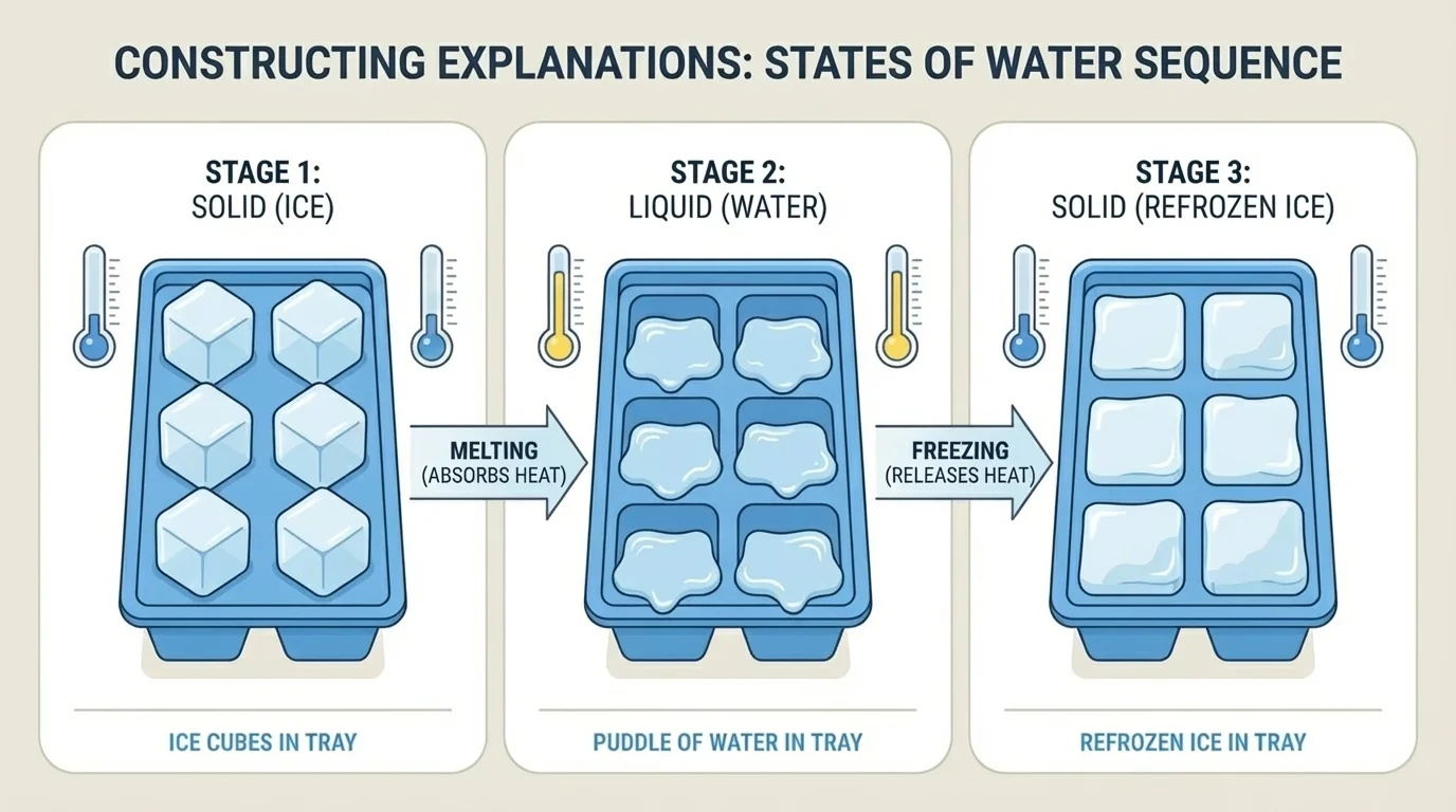 sequence illustration of ice cube, puddle of water, and refrozen ice in trays