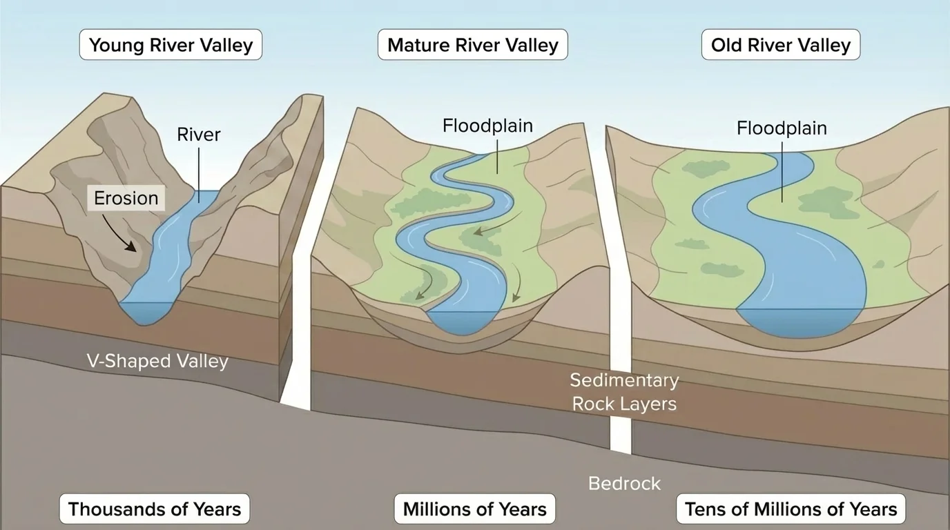cross-section illustration of a river valley showing water slowly carving land over many years