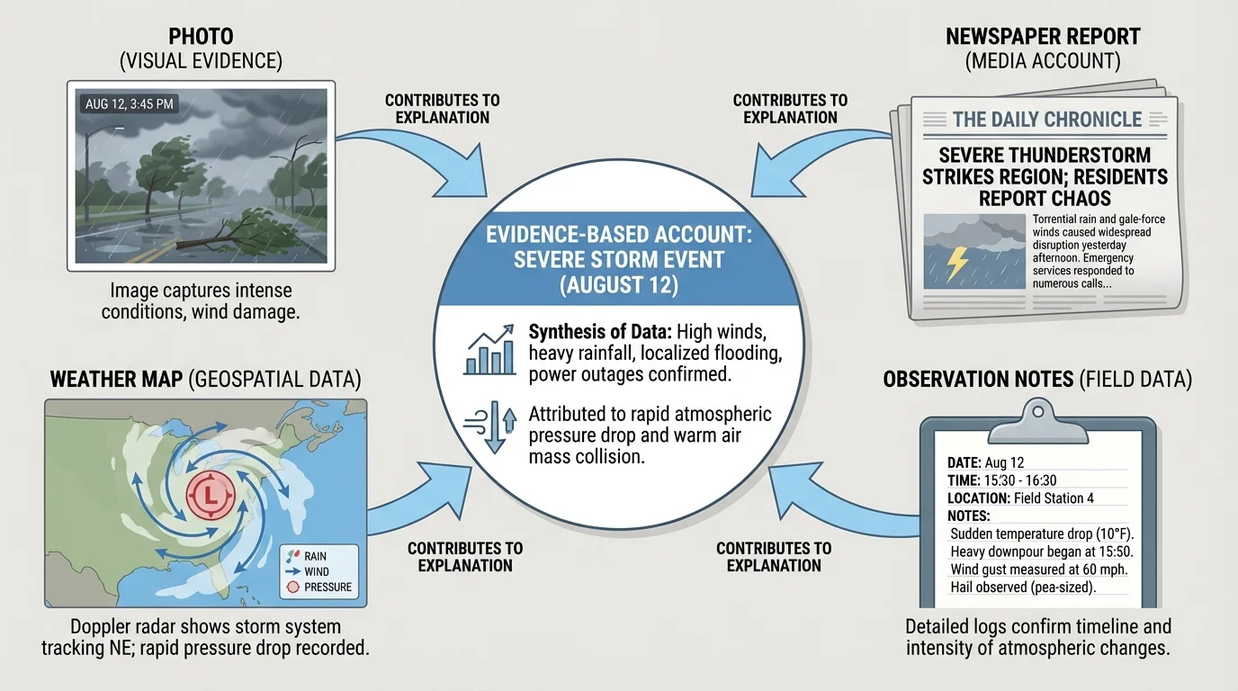 chart with photo, newspaper report, map, and observation notes all pointing to one storm event