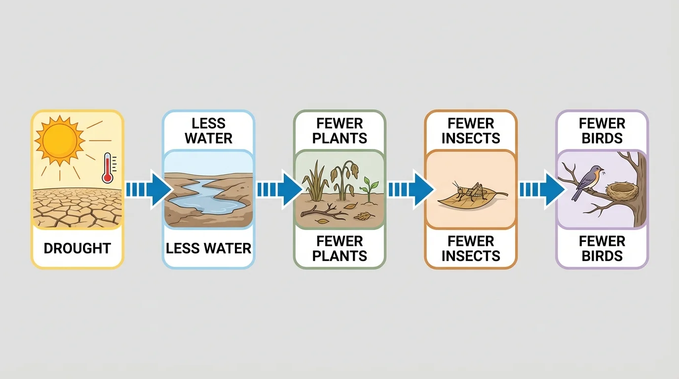 Cause-and-effect flowchart showing drought leading to less water, fewer plants, fewer insects, and fewer birds in a habitat