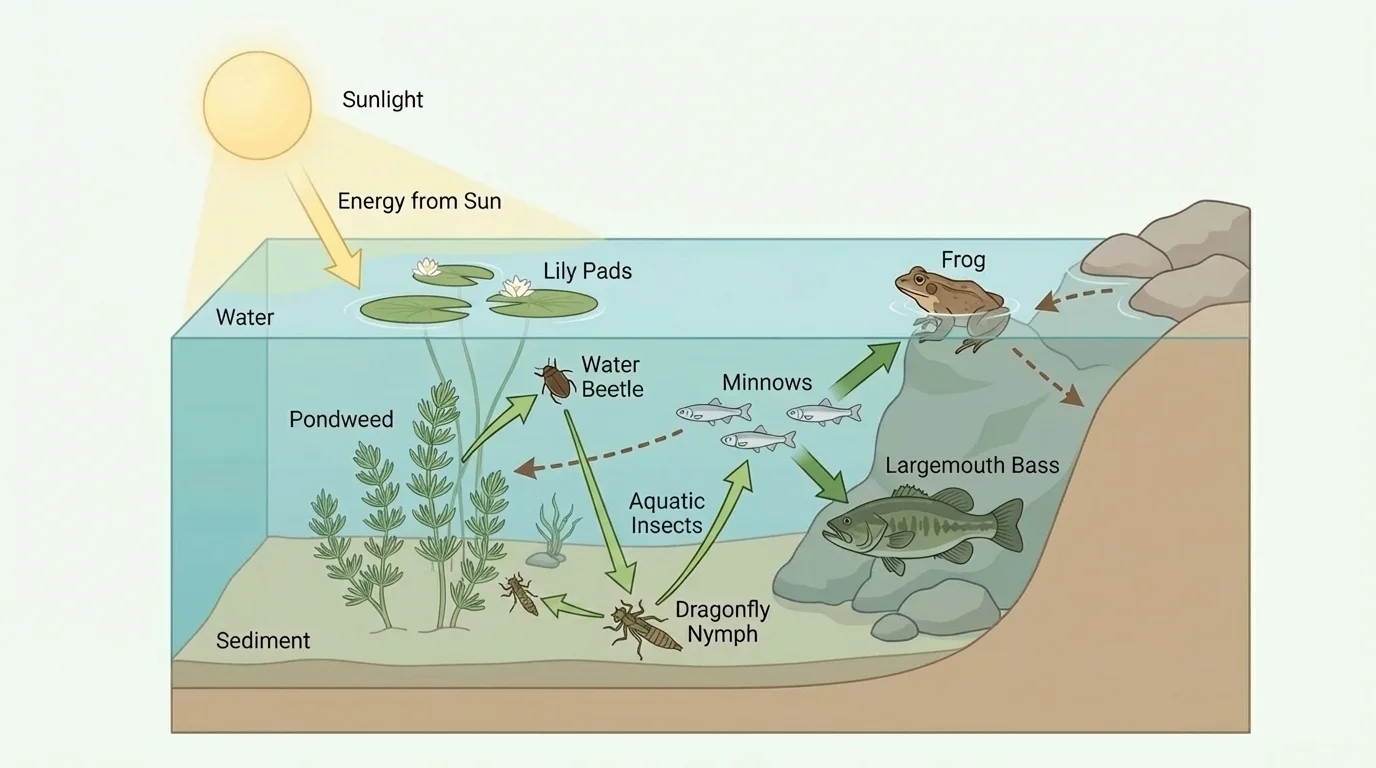 Pond ecosystem with fish, frogs, insects, plants, water, sunlight, and arrows showing feeding and shelter relationships