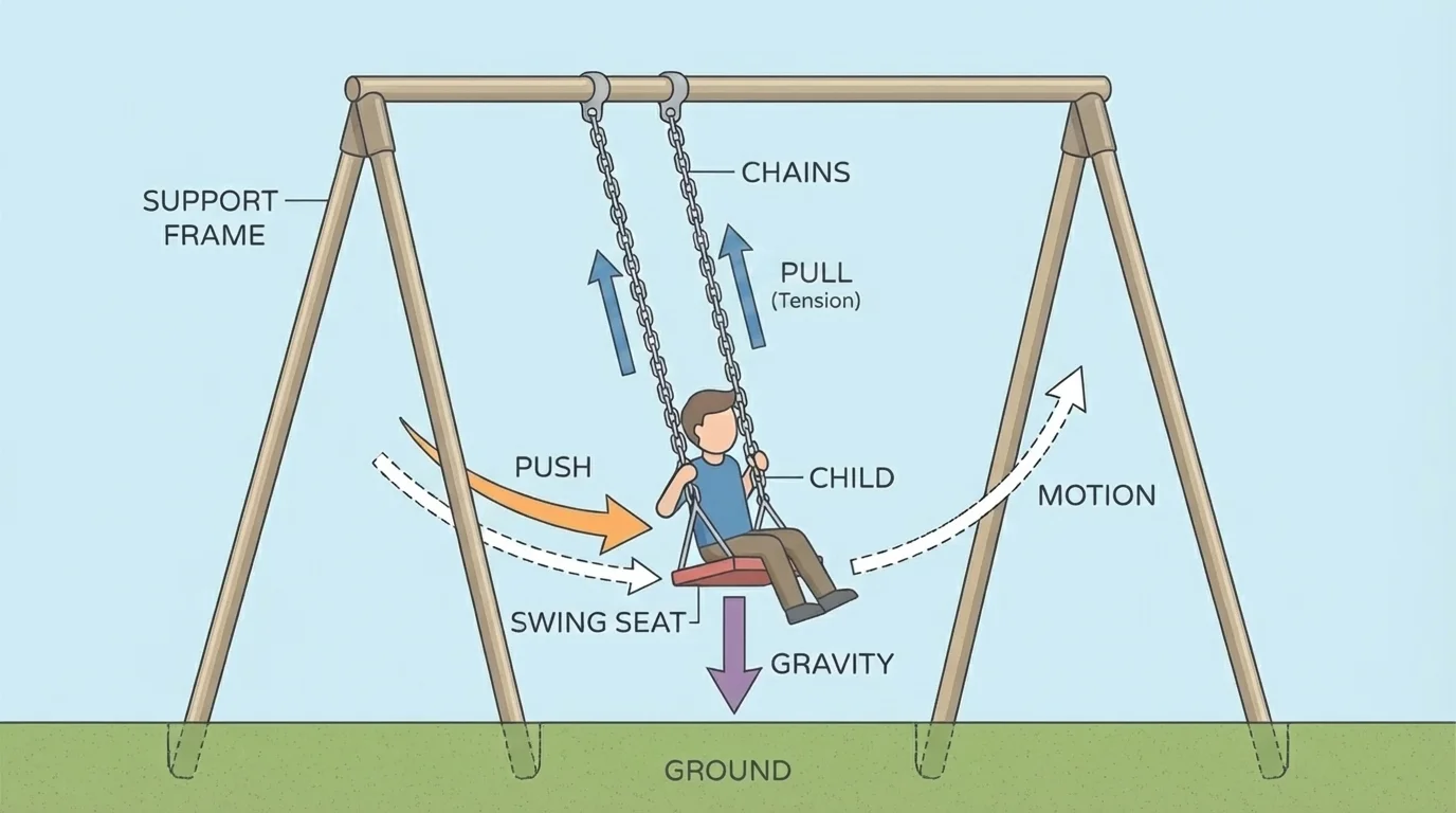 Playground swing with labeled parts and arrows showing push, pull, and motion between child, seat, chains, and ground