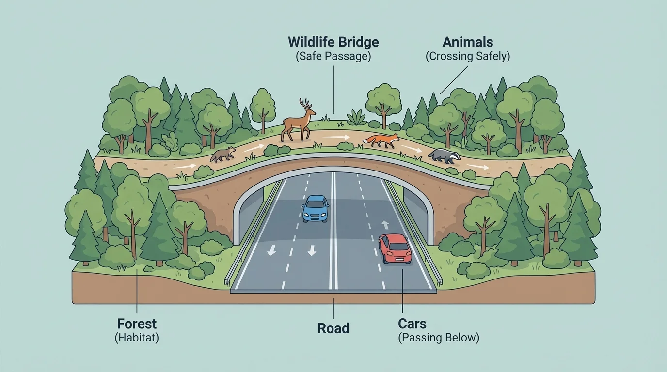 Road through a forest with a wildlife bridge above it and animals crossing safely while cars pass below