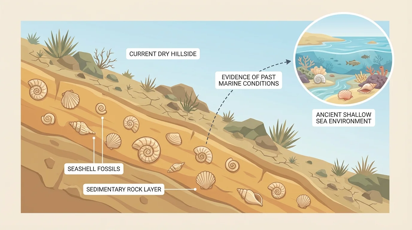 Dry hillside with exposed rock layer containing seashell fossils, plus a small inset showing the same location covered by shallow sea long ago