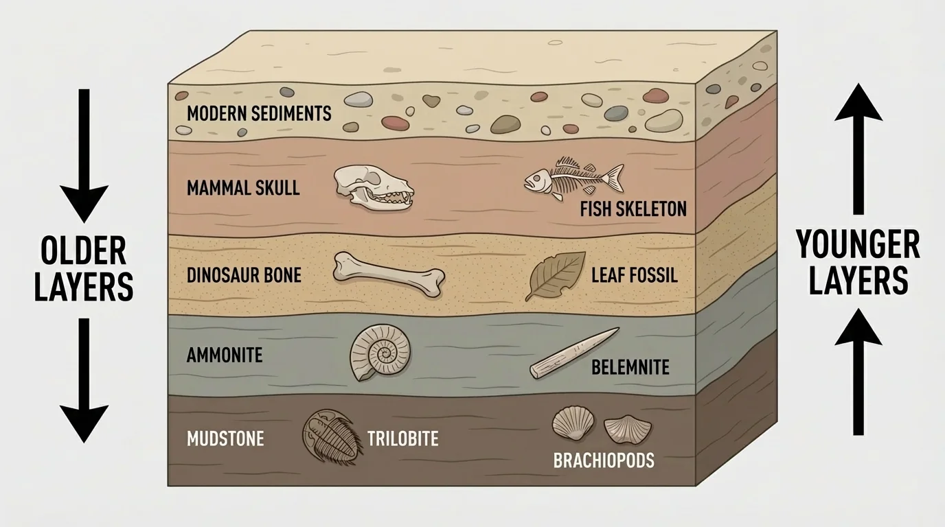 Cross-section of stacked rock layers with lower layers labeled older, upper layers labeled younger, and different fossils in several layers